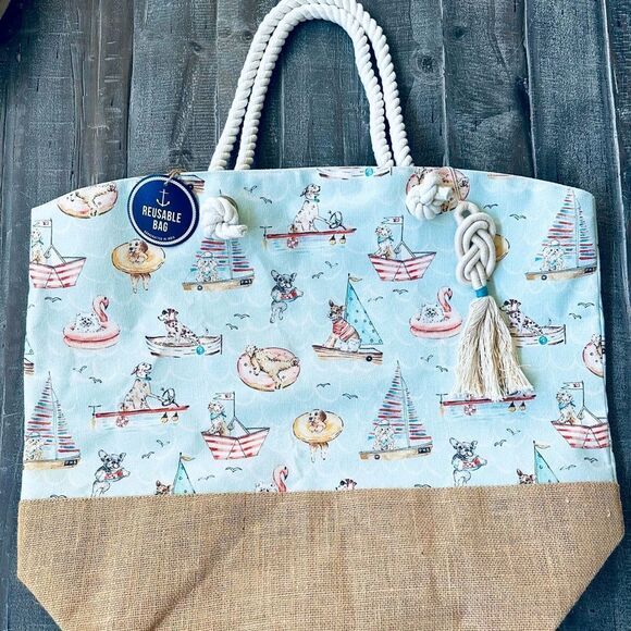 Large Nautical Ocean Dogs Print Canvas Burlap Beach Tote Bag - Picture 1 of 4